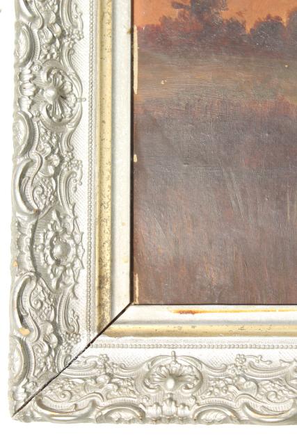 photo of antique plank back original painting, sunset landscape in ornate gesso picture frame #6