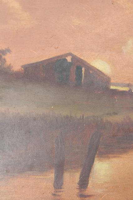 photo of antique plank back original painting, sunset landscape in ornate gesso picture frame #7