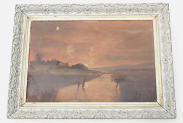 antique plank back original painting, sunset landscape in ornate gesso picture frame