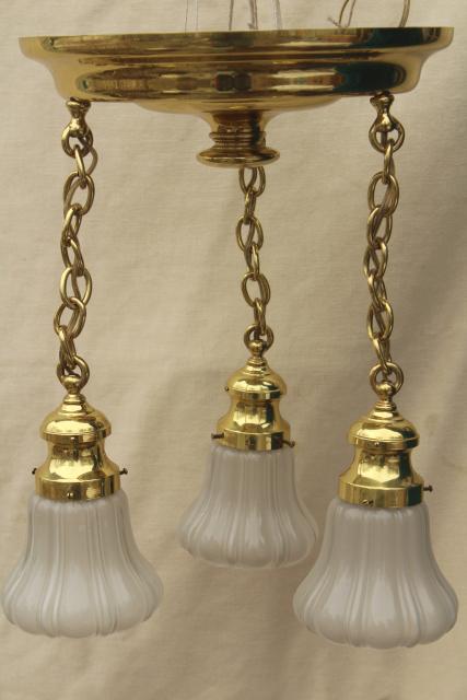 photo of antique polished brass pendant shower light w/ glass lamp shades, vintage lighting fixture #1