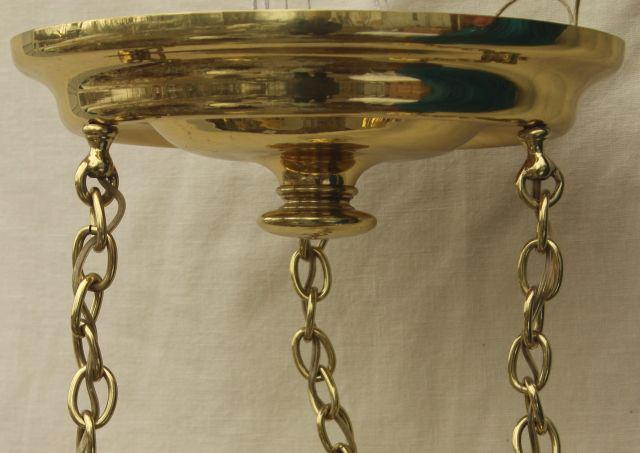 photo of antique polished brass pendant shower light w/ glass lamp shades, vintage lighting fixture #3