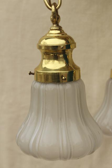 photo of antique polished brass pendant shower light w/ glass lamp shades, vintage lighting fixture #4