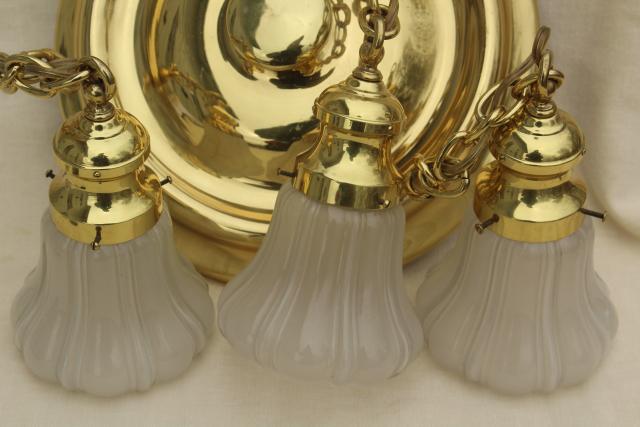 photo of antique polished brass pendant shower light w/ glass lamp shades, vintage lighting fixture #10