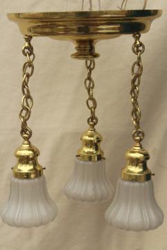 catalog photo of antique polished brass pendant shower light w/ glass lamp shades, vintage lighting fixture