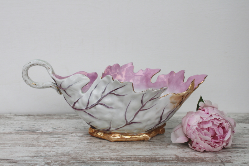 photo of antique porcelain cabbage leaf large bowl or planter, hand painted luster china turn of the century vintage #1