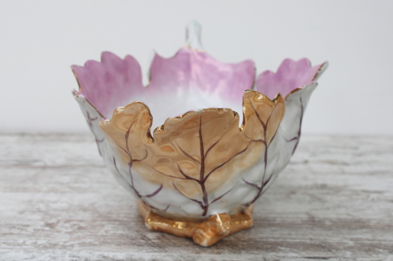 photo of antique porcelain cabbage leaf large bowl or planter, hand painted luster china turn of the century vintage  #3