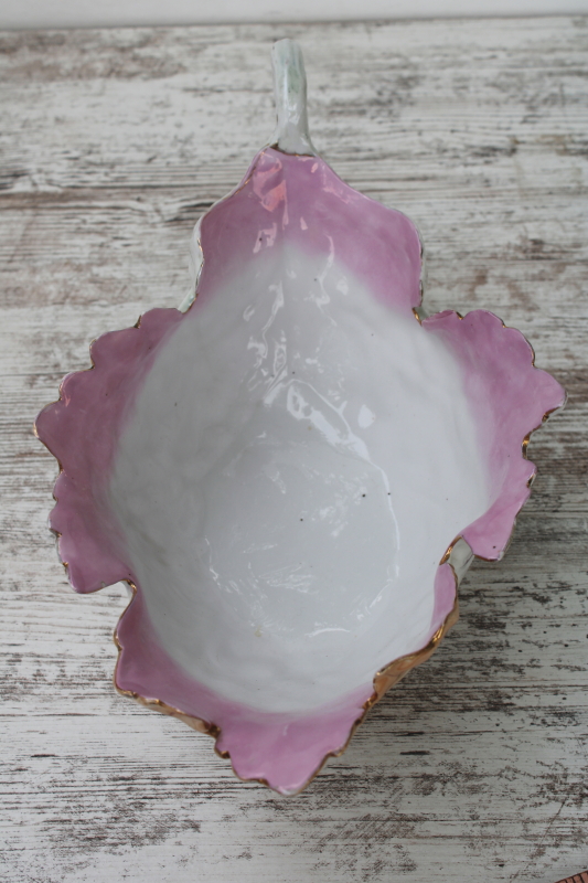 photo of antique porcelain cabbage leaf large bowl or planter, hand painted luster china turn of the century vintage  #4