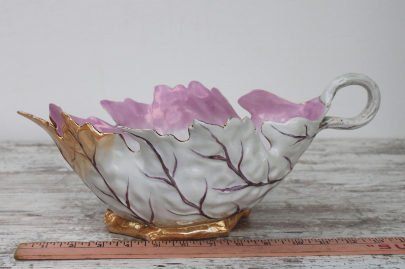 photo of antique porcelain cabbage leaf large bowl or planter, hand painted luster china turn of the century vintage  #5