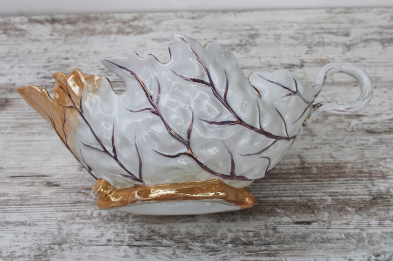 photo of antique porcelain cabbage leaf large bowl or planter, hand painted luster china turn of the century vintage  #6