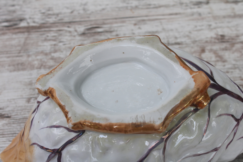 photo of antique porcelain cabbage leaf large bowl or planter, hand painted luster china turn of the century vintage  #7