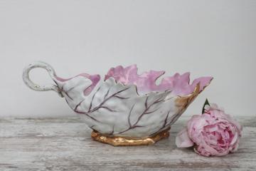 antique porcelain cabbage leaf large bowl or planter, hand painted luster china turn of the century vintage 