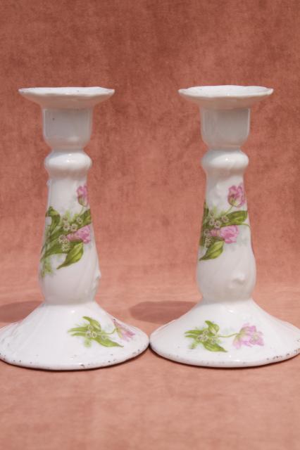 photo of antique porcelain candlesticks w/ tulips, unmarked old china candle holders #2