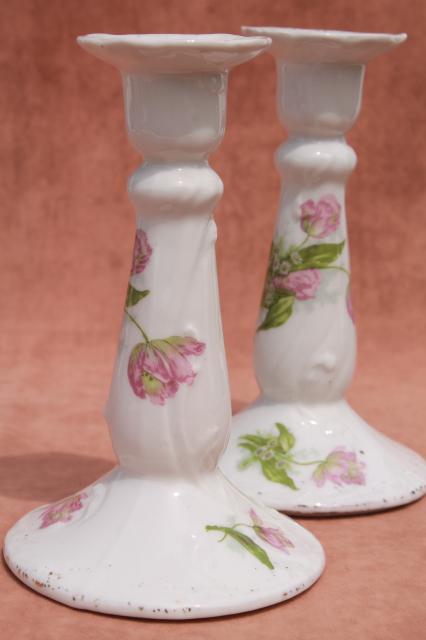 photo of antique porcelain candlesticks w/ tulips, unmarked old china candle holders #3