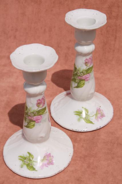 photo of antique porcelain candlesticks w/ tulips, unmarked old china candle holders #7