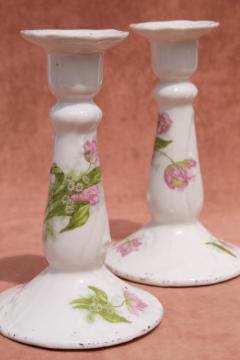 catalog photo of antique porcelain candlesticks w/ tulips, unmarked old china candle holders