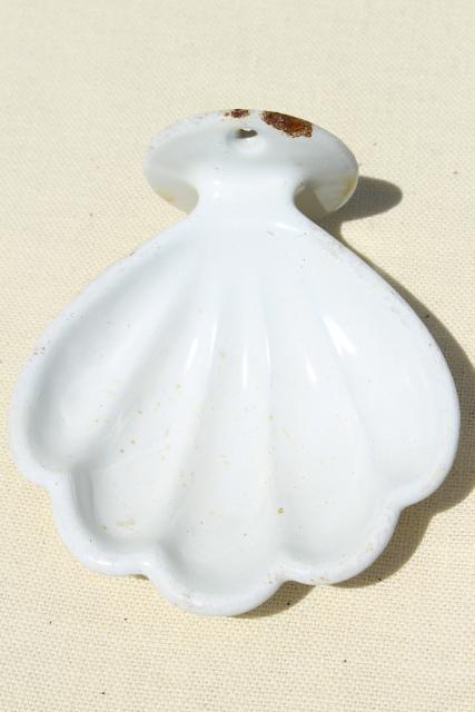 photo of antique porcelain cast iron wall mount soap dish sea shell, 1920s vintage #1