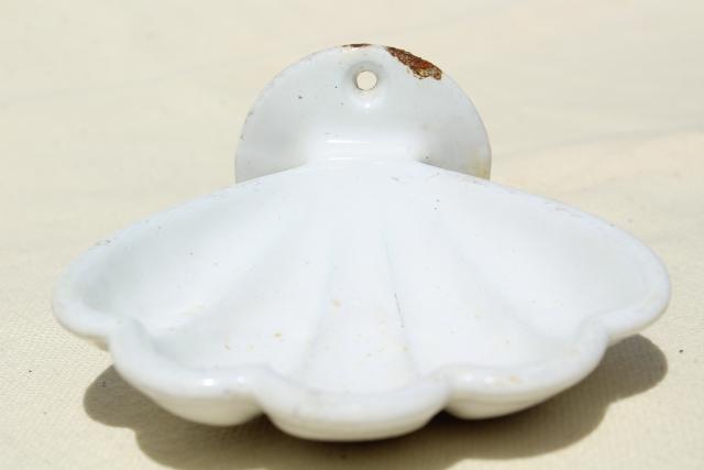 photo of antique porcelain cast iron wall mount soap dish sea shell, 1920s vintage #5
