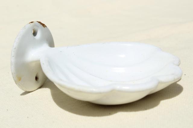 photo of antique porcelain cast iron wall mount soap dish sea shell, 1920s vintage #6