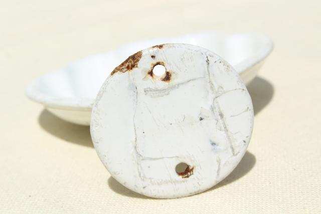 photo of antique porcelain cast iron wall mount soap dish sea shell, 1920s vintage #9