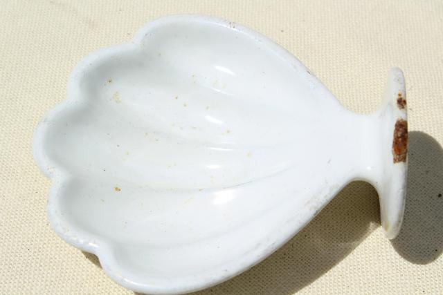 photo of antique porcelain cast iron wall mount soap dish sea shell, 1920s vintage #10