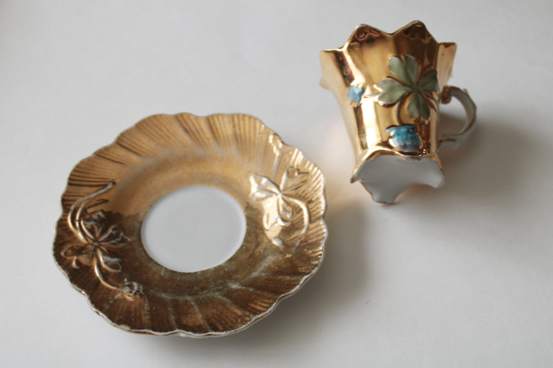 photo of antique porcelain demitasse cup & saucer, lucky four leaf clover & berries w/ hand painted gold  #2