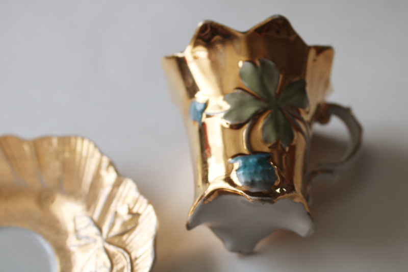 photo of antique porcelain demitasse cup & saucer, lucky four leaf clover & berries w/ hand painted gold  #4