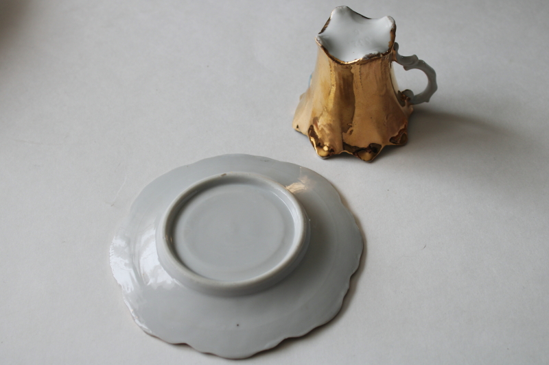photo of antique porcelain demitasse cup & saucer, lucky four leaf clover & berries w/ hand painted gold  #5