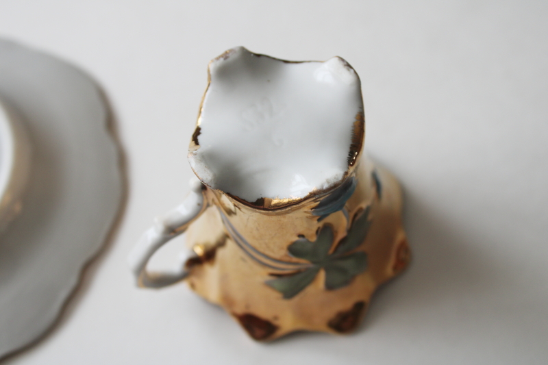 photo of antique porcelain demitasse cup & saucer, lucky four leaf clover & berries w/ hand painted gold  #6