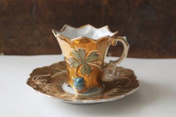 catalog photo of antique porcelain demitasse cup & saucer, lucky four leaf clover & berries w/ hand painted gold 