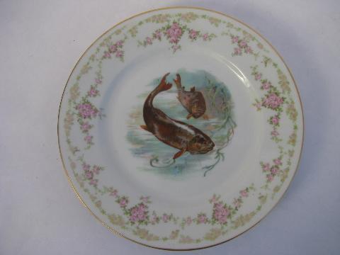 photo of antique porcelain fish course plate, Royal Crown china Austria, ornate pink roses #1