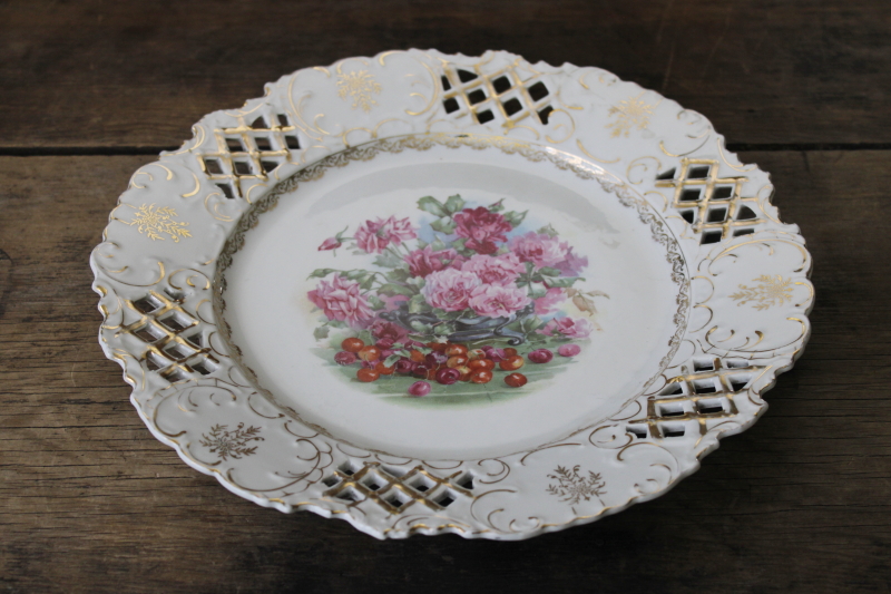 photo of antique porcelain plate w/ cherries and roses, large charger pierced border reticulated china #1