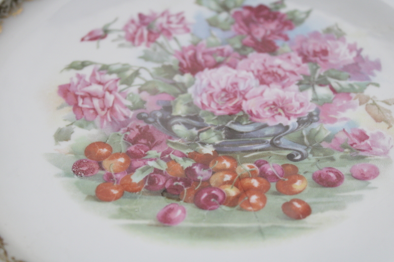 photo of antique porcelain plate w/ cherries and roses, large charger pierced border reticulated china #2