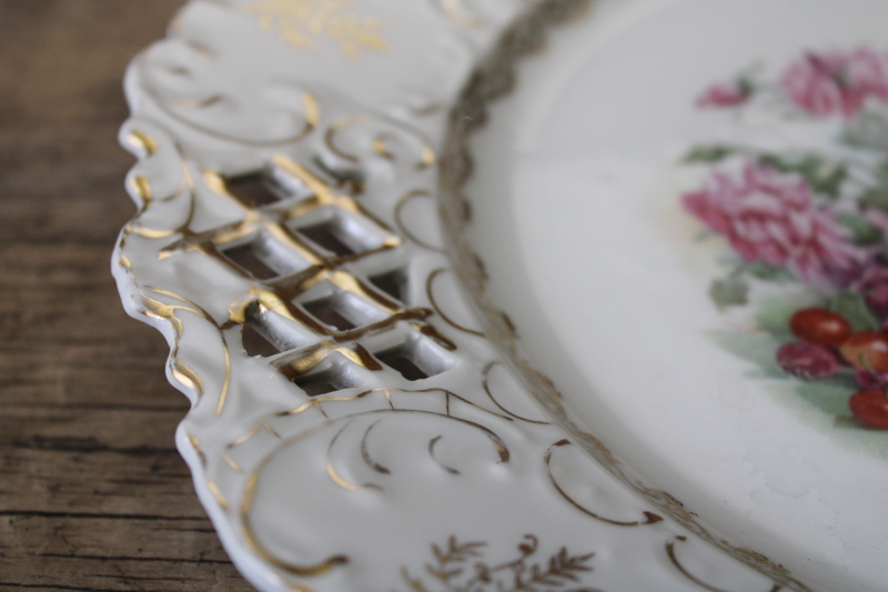 photo of antique porcelain plate w/ cherries and roses, large charger pierced border reticulated china #3