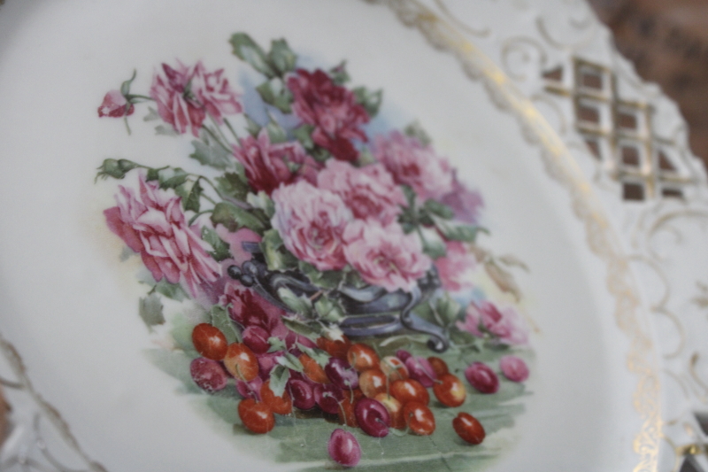 photo of antique porcelain plate w/ cherries and roses, large charger pierced border reticulated china #5