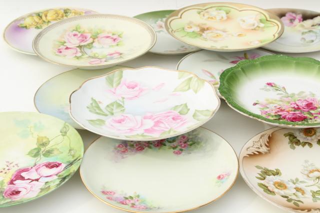 photo of antique porcelain plates w/ hand painted roses, vintage shabby chic floral wedding china #1