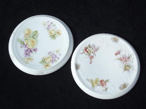 photo of antique porcelain tea kettle trivets, early 1900s vintage floral china #1