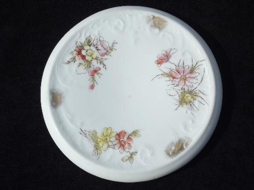 photo of antique porcelain tea kettle trivets, early 1900s vintage floral china #3