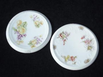 catalog photo of antique porcelain tea kettle trivets, early 1900s vintage floral china