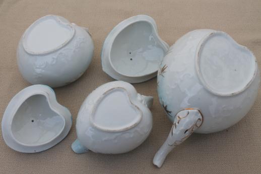 photo of antique porcelain tea set, hand painted snowdrops heart shape china teapot, cream & sugar #2