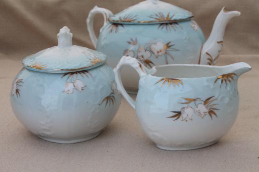 photo of antique porcelain tea set, hand painted snowdrops heart shape china teapot, cream & sugar #3