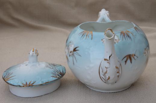 photo of antique porcelain tea set, hand painted snowdrops heart shape china teapot, cream & sugar #7