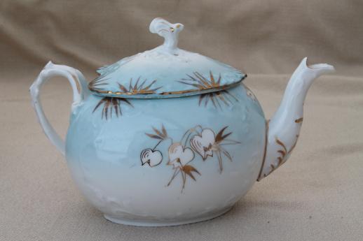 photo of antique porcelain tea set, hand painted snowdrops heart shape china teapot, cream & sugar #8