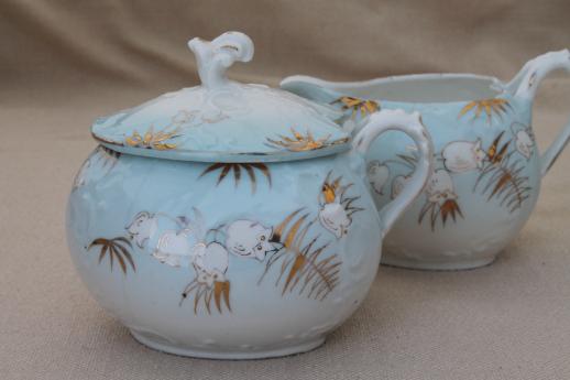 photo of antique porcelain tea set, hand painted snowdrops heart shape china teapot, cream & sugar #11