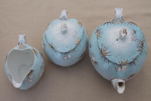 photo of antique porcelain tea set, hand painted snowdrops heart shape china teapot, cream & sugar #12