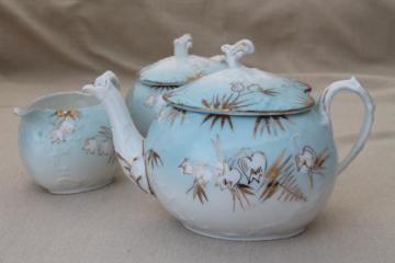 catalog photo of antique porcelain tea set, hand painted snowdrops heart shape china teapot, cream & sugar