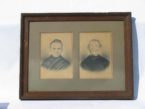 photo of antique post Civil War era portrait photos, lady & gent w/ red whiskers, vintage wood frame #1