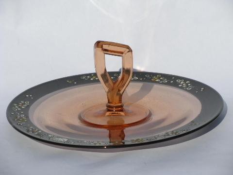 photo of antique pre-depression vintage pink glass sandwich plate, hand-painted enamel #1