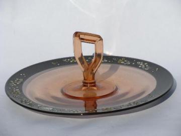 catalog photo of antique pre-depression vintage pink glass sandwich plate, hand-painted enamel