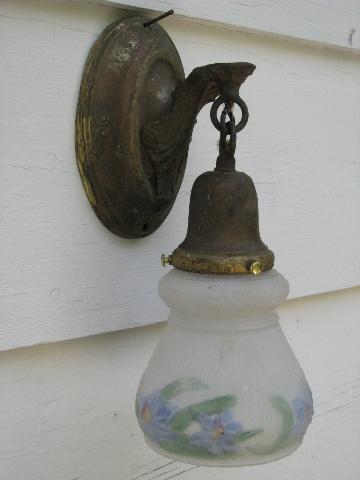 photo of antique pressed brass ornate wall sconce pendant light, old floral glass shade #1