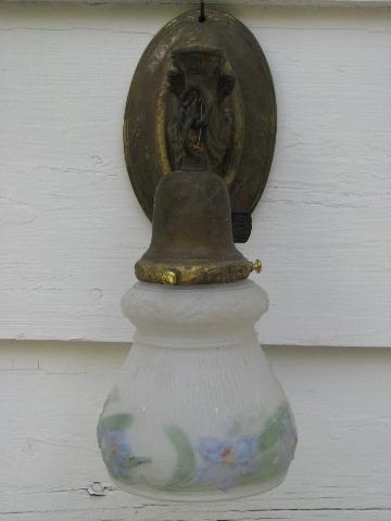 photo of antique pressed brass ornate wall sconce pendant light, old floral glass shade #2